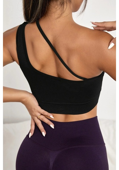 Moda Dua Kadın Siyah Tek Omuzlu Çapraz Askılı Crop Top Büstiyer