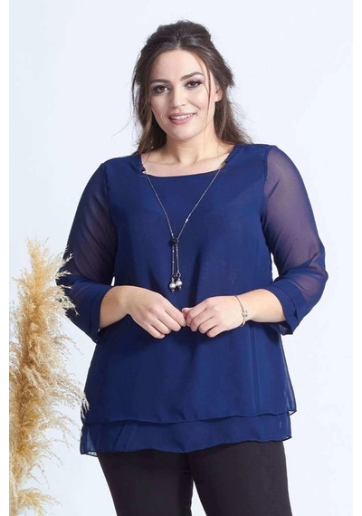 Moda Berray 1934 Kolyeli Şifon Büyük Beden Şık Bluz Lacivert Lacivert