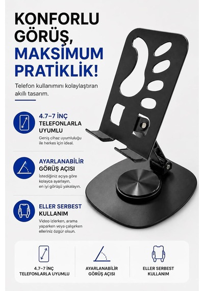 Masaüstü Metal Tablet Ve Telefon Tutucu Stand 360 Döner, Yatay/dikey Kullanım, Dayanıklı Metal Gövde, Ev Ve