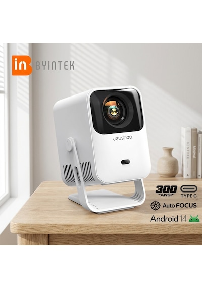 Byintek A15 Taşınabilir Android 14, Otomatik Odaklama 100° Döndürülebilir Stand, 5G WiFi 6, Bluetooth 5.4 300 ANSI Full HD Ev Sineması Projeksiyon Cihazı