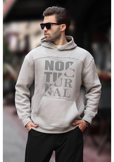 Madmext Boyalı Gri Baskılı Kapüşonlu Cep Detaylı Erkek Sweatshirt 7062 Gri