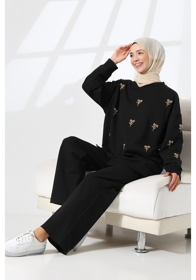 Mihran Butik Kadın Siyah Mevsimlik Penye Alt Üst Spor Ve Rahat Tesettür Takım Siyah