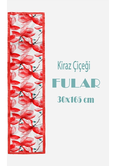 Kiraz Çiçeği Desen Kadın Saten Fular 30x165cm Çok Renkli