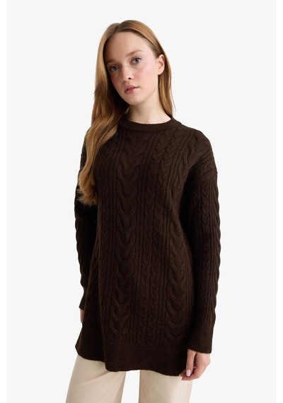 Defacto Relax Fit Bisiklet Yaka Triko Kazak Tunik F4530ax25wnbn341 Kahve-bn341