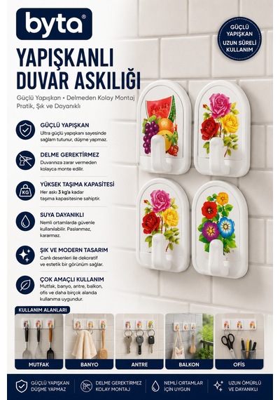 4'lü Desenli Yapışkanlı Duvar Askılığı Delmeden Montaj Güçlü Yapışkanlı Çok Amaçlı Kanca Mutfak, Banyo, Antre Ve Ofis İçin Beyaz
