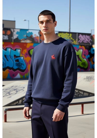 Benerly Erkek Bisiklet Yaka Düşük Kol Uzun Kol Sweatshirt Fonksiyonel Day Lacivert