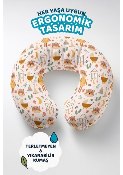 Sevimli Tilki Figürlü Pamuklu Boyun Yastığı - Pastel Sarı Yeşil Desenli Seyahat Yastığı Canlı Ayışığı Orman Yeşili