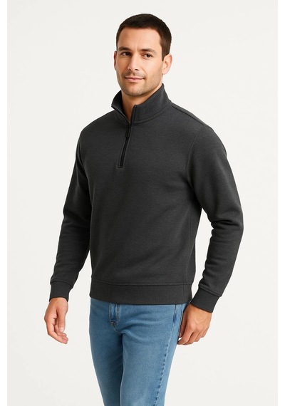Novalisse Erkek Dik Yaka Yarım Fermuarlı 3 İplik Pamuklu Sweatshirt - Antrasit Çoklu Renk