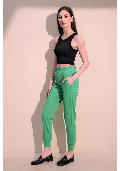 Kadın Yeşil Rahat Dokulu Kumaş Cepli Beli Lastikli Paça Jogger Spor Pantolon Yeşil