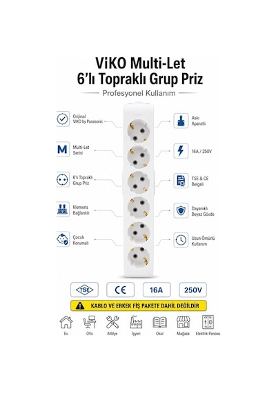 Viko Grup Priz Multi-let 6'lı Topraklı Çocuk Korumalı Klemens Bağlantılı Askı Aparatlı Kablosuz Tse Ce Belgeli  Viko By Panasonic Yok