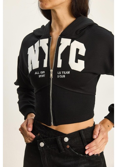 Shade Kadın Nyc Nakışlı Üç İplik Şardonlu Kapüşonlu Crop Hırka 6942 60283794 - Siyah