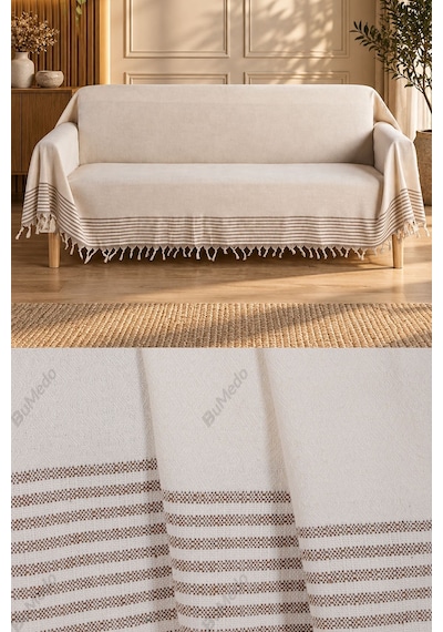 Natural Buldan İşi Kolları Örten Kaymaz Kanepe Çekyat Koltuk Örtüsü 180x300 Cm Pamuk Dokuma Kreme Kahve Kreme Kahve