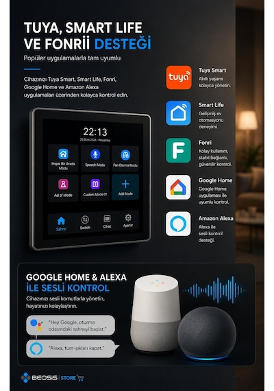 4 İnç Dokunmatik Ekran, Wifi Ve Zigbee, 3 Röle Çıkışlı, Tuya, Smart Life Ve Fonri Uyumluluğuyla Akıl