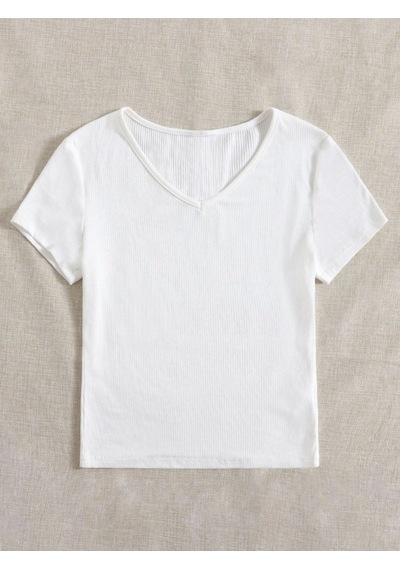 Liona V Yaka Beyaz Renk Fitilli Kısa Kollu Slim Fit Crop Top Bluz