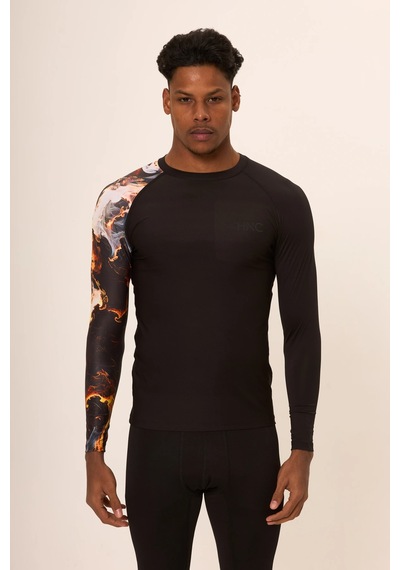Hnc Sport Duman Erkek Uzun Kol Tek Kol Dijital Baskılı Compression Fitness Gym Spor Body Tshirt Siyah