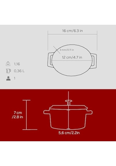 Lava Metal Oval Mini Tencere, Kırmızı 16 Cm