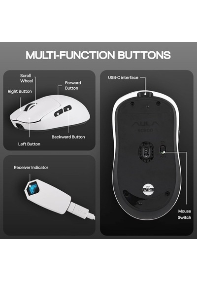 Sc800 Lightweight Paw3395 Sensor 26000 Dpı 8000hz Kablolu Ve Kablosuz Gaming Oyuncu Mouse Beyaz Genel