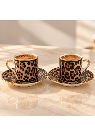 2 Kişilik 4 Parça Leopar Desenli Türk Kahvesi Fincan Takımı, Gold Detaylı Şık Kahve Seti Siyah