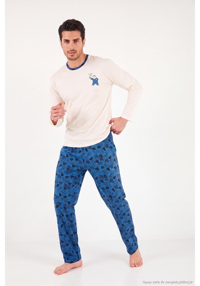 Buratti Baskılı Pamuklu Bisiklet Yaka Uzun Kollu Pijama Takımı Erkek Pijama Takımı 6575004 İndigo