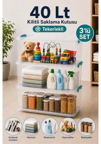 3'lü Set 40 Lt Tekerlekli Kilitli Saklama Kutusu Çok Amaçlı Düzenleyici Hırdavat Oyuncak Erzak Kabı