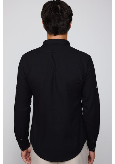 Tudors Slim Fit Uzun Kol Çift Cep Pamuk Keten Spor Yaka Siyah Erkek Gömlek-28838-siyah Siyah