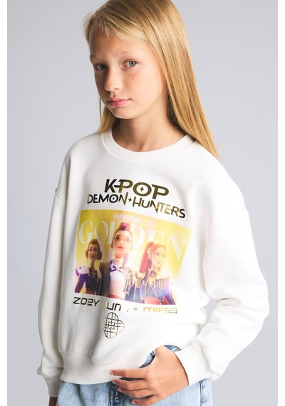Defacto Kpop - Demon Hunters Relax Fit Baskılı Bisiklet Yaka Sweatshirt Kız Çocuk I3552a826auer105 Ekru-er105