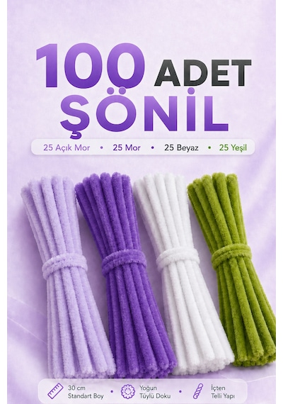 100 Adet Şönil Tel 30 Cm Mor Açık Mor Beyaz Yeşil Tüylü Tel Şönil Çubuk Hobi Ve Çiçek Yapımı