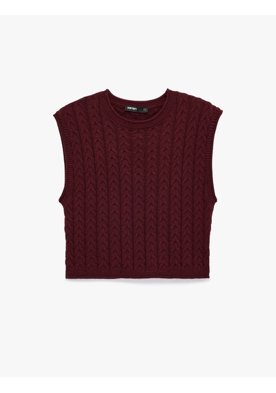 Koton Kolsuz Bisiklet Yaka Saç Örgü Crop Süveter Bordo 7wak20016ht