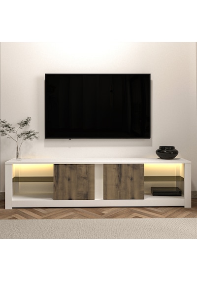Aydos LED Işıklı Modern TV Sehpası – Cam Raflı, 2 Kapaklı, 180 cm, Beyaz/Antik Ceviz