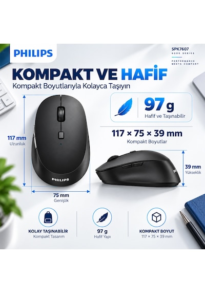 Philips SPK7607 Kablosuz 2.4GHz + Bluetooth 3200 DPI 7 Tuşlu Sessiz Mouse