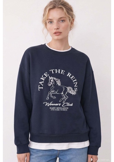 Quzu Baskı Nakış Detaylı Sweatshirt Lacivert
