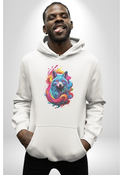 Renkli Kurt Kadın Erkek Beyaz Kapüşonlu Sweatshirt Hoodie Beyaz