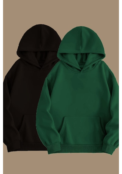 Blackjack Giyim Unisex Gri Siyah 2'li Kapüşonlu Oversize Sweatshirt Hoodie Siyah-yesil