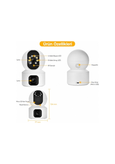 Uninet Full Hd Çift Kameralı Wifi Akıllı Kamera Gece Görüşü, Hareket Bildirimi Ve Telefonla Uzaktan Izleme Ve 355 Derece Döner Başlıklı Ptz Kamera