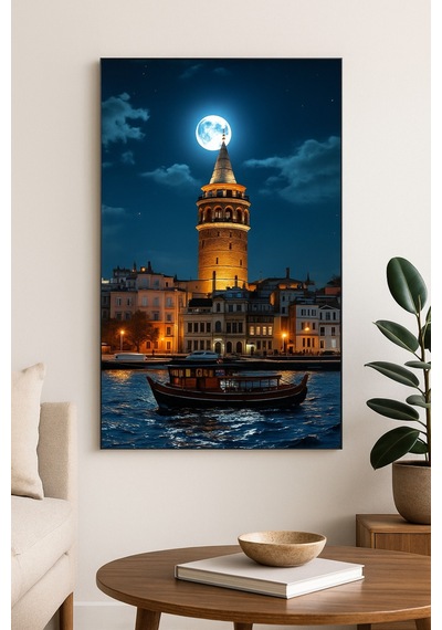 Galata Kulesi Ve Dolunay İstanbul Un Büyüsü Cam Tablo Gece Işıltısı Temalı
