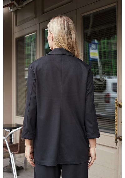 Kadın Süet Dokulu Kumaş Yakalı Capri Kol Cep Kapaklı Blazer Ceket-siyah Siyah