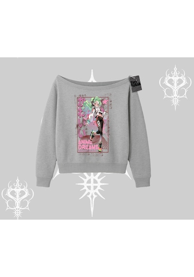 Startmore Kayık Yaka Sweatshirt Anime Kawaii Japon Kız Desenli Gri