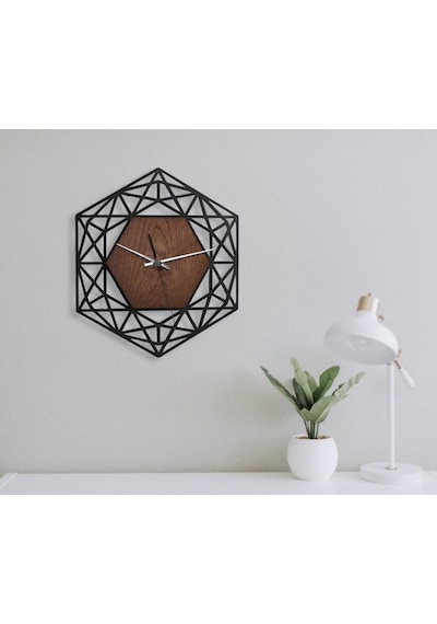 Ahşap Geometrik Desenli Altıgen Model Duvar Saati