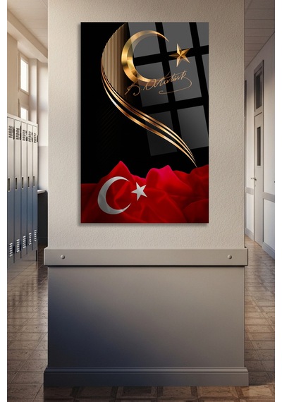 Türk Bayrağı Ve Atatürk İmzası Cam Tablo Modern Sanat Tablosu Solmayan Canlı Renkler Salon Ve Oturma Odası Anlamlı Hediye Seçeneği