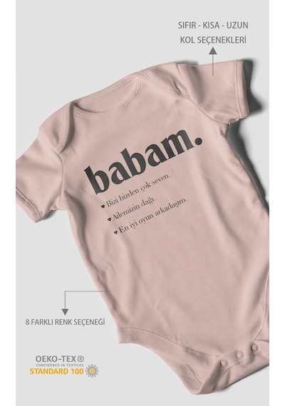Babam Baskılı Bebek Zıbını Çıtçıtlı Body 8 Renk %100 Pamuk Kısa Kol Pastel Pembe
