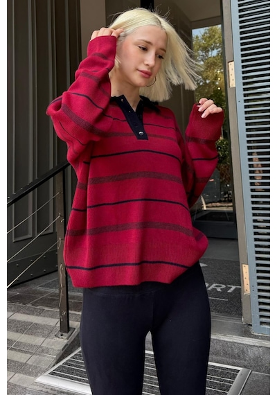 Madmext Bordo Çizgili Polo Yaka Kadın Kazak Mg2476 Bordo