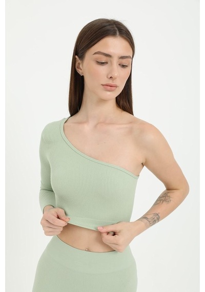 Tek Omuz Crop Top Su Yeşili -m Altın - Beyaz