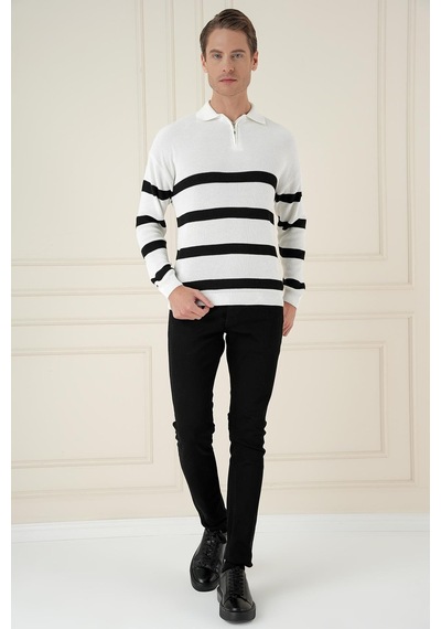 Efor Slim Fit Çizgili Fermuarlı Polo Yaka Ekru Triko Kazak Tr 877 Ekru