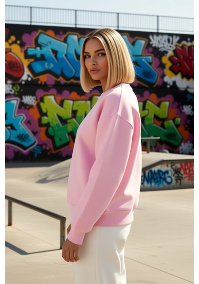 Benerly Kadın Bisiklet Yaka Düşük Kol Regular Kalıp Örme Sweatshirt Fonks Açık Pembe