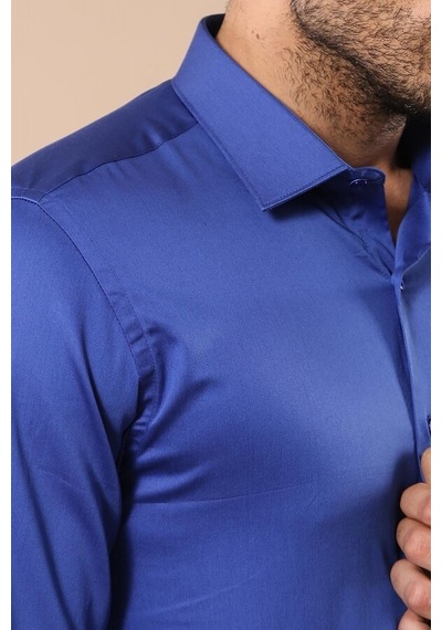Pamuk Saten Slim Fit Desensiz Mavi Erkek Gömlek 001