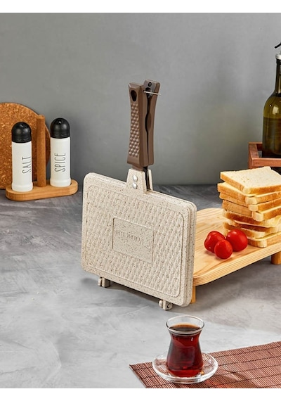 Döküm Granit Ocak Üstü El Tost Makinası Krem Gümüş- Siyah