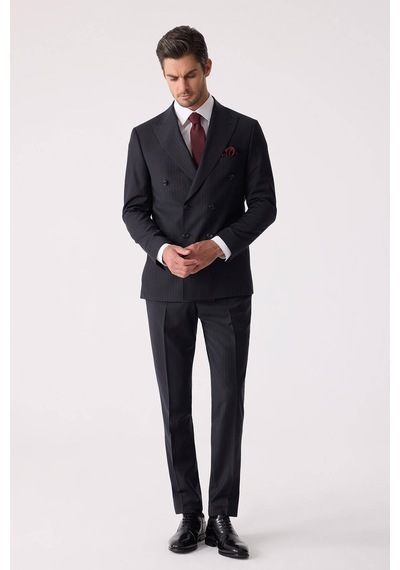 Erkek Lacivert Çizgili Slim Fit %100 Yün Çizgili Kruvaze Takım El