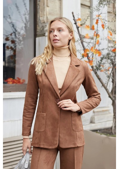 Süet Kumaş Cep Detaylı Düğmeli Şık Blazer Ceket-taba Taba