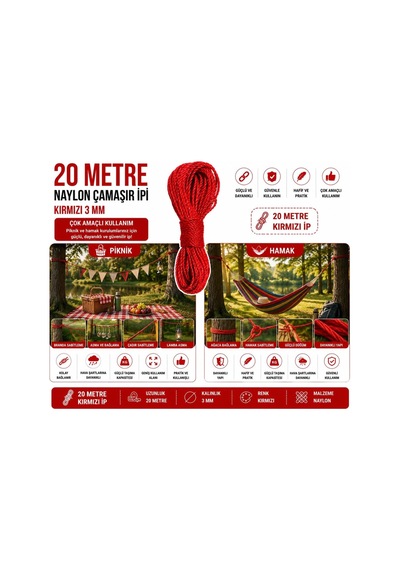 20 Metre Kırmızı Naylon İp 3 Mm, Çok Amaçlı Dayanıklı Çamaşır İpi, Kamp Bahçe Balkon Hamak Ve Taşıma Sab Çok Renkli