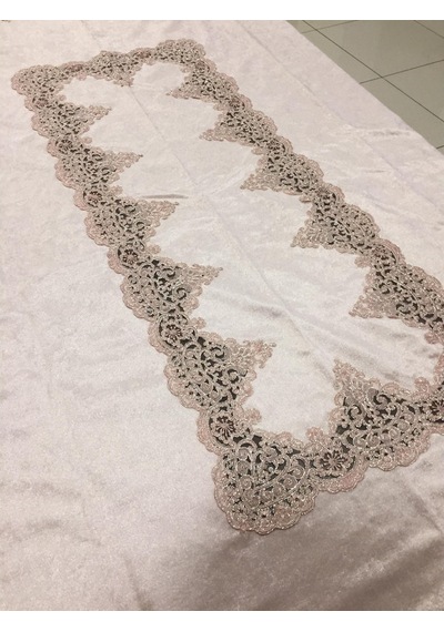Almila Home Fransız Dantel Kadife 140X180 Masa Örtüsü Pudra D15